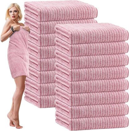 16 Pack Microfiber Bath Towels Bulk,Pink,Pinstripe