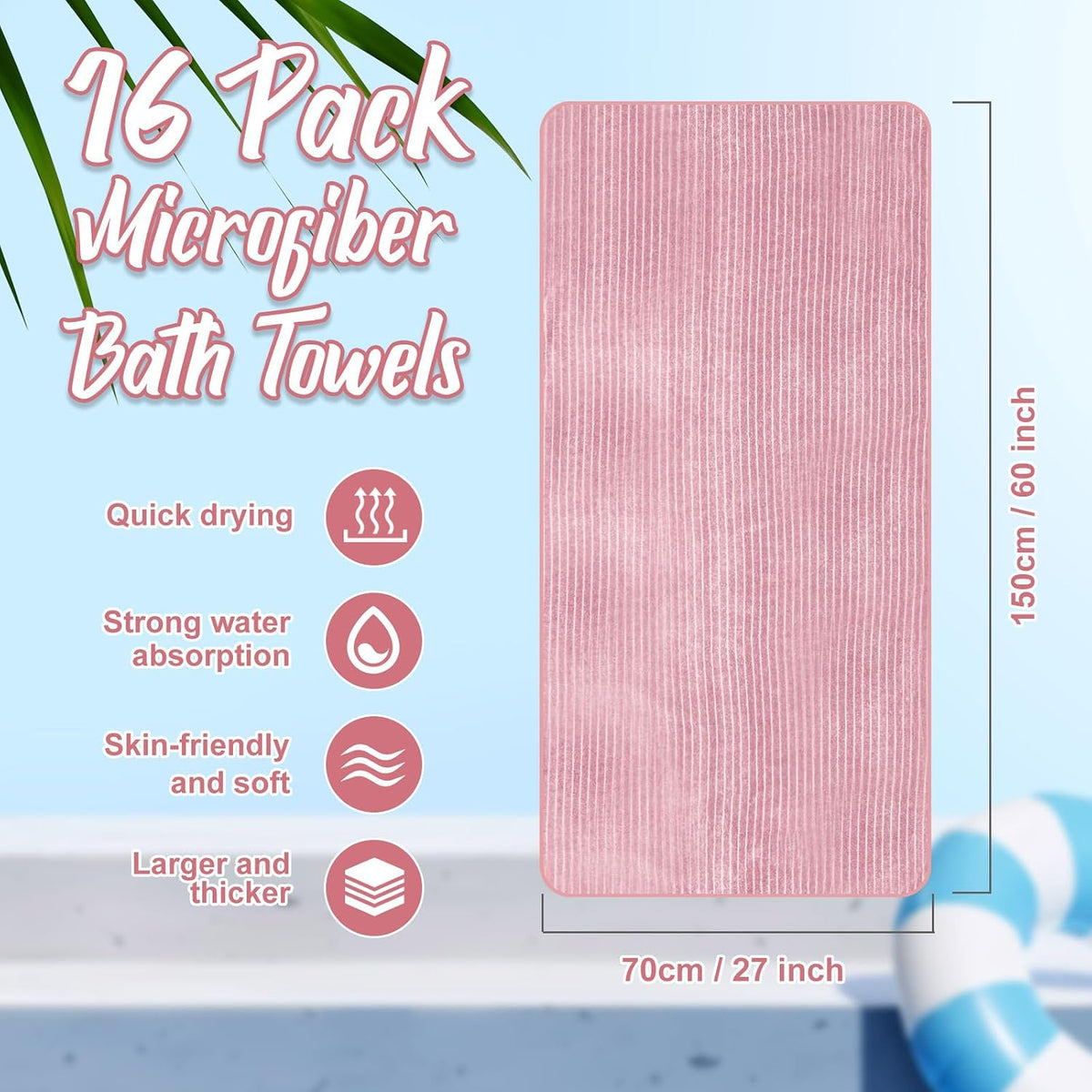 16 Pack Microfiber Bath Towels Bulk,Pink,Pinstripe