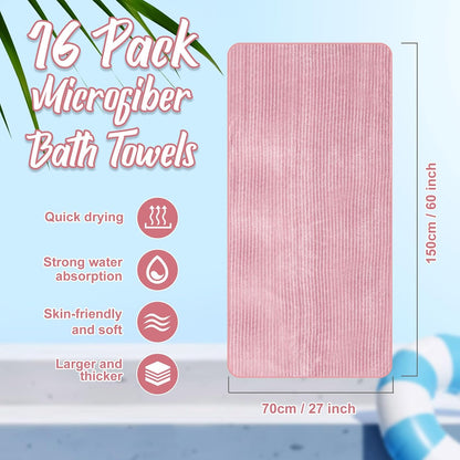 16 Pack Microfiber Bath Towels Bulk,Pink,Pinstripe