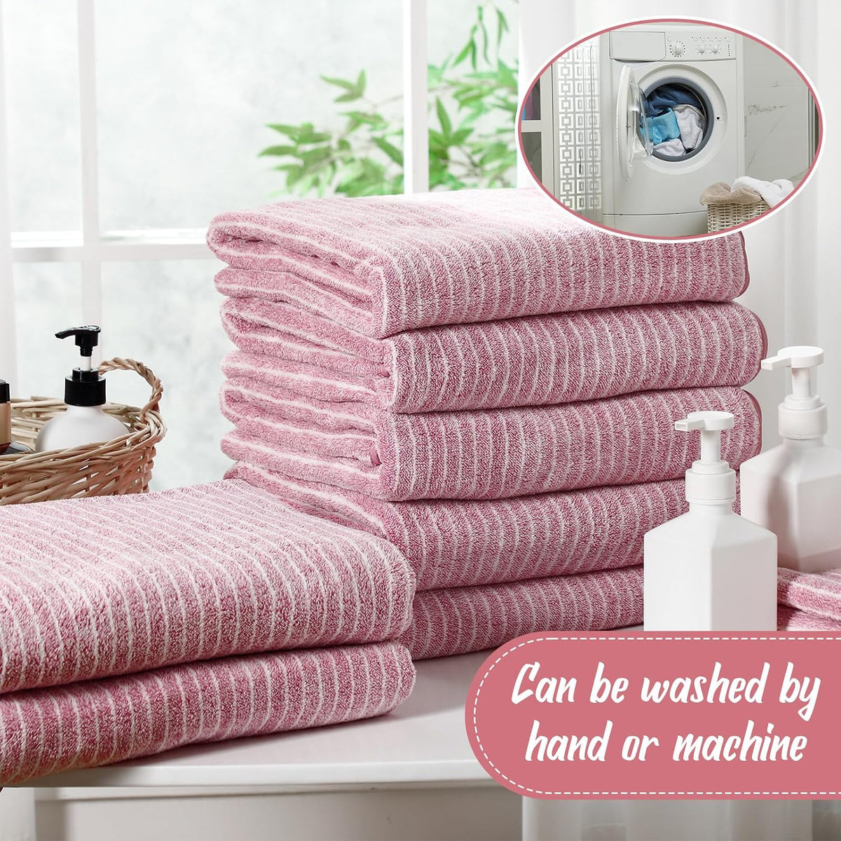 16 Pack Microfiber Bath Towels Bulk,Pink,Pinstripe