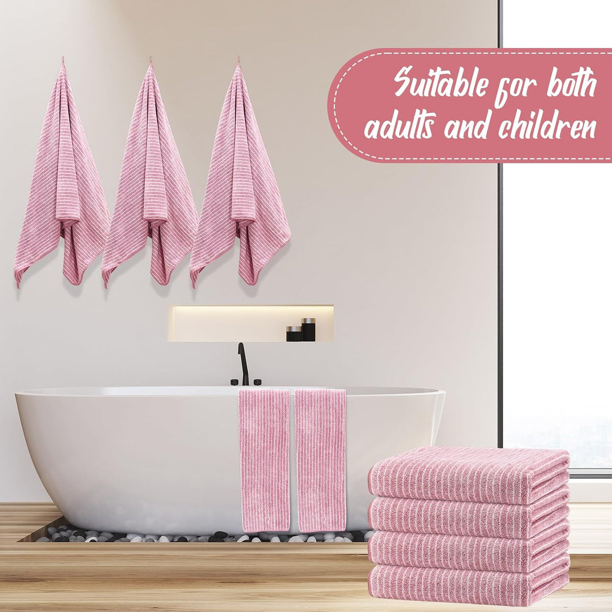 16 Pack Microfiber Bath Towels Bulk,Pink,Pinstripe