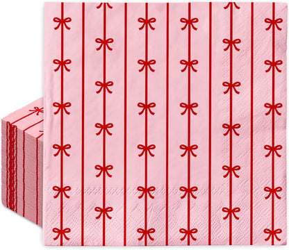 50 Pcs Bow Paper Napkins Mini Red Bow Knot Disposable Luncheon Napkins Pink Decorative Dinner Hand Napkin for Wedding Birthday Bridal Shower