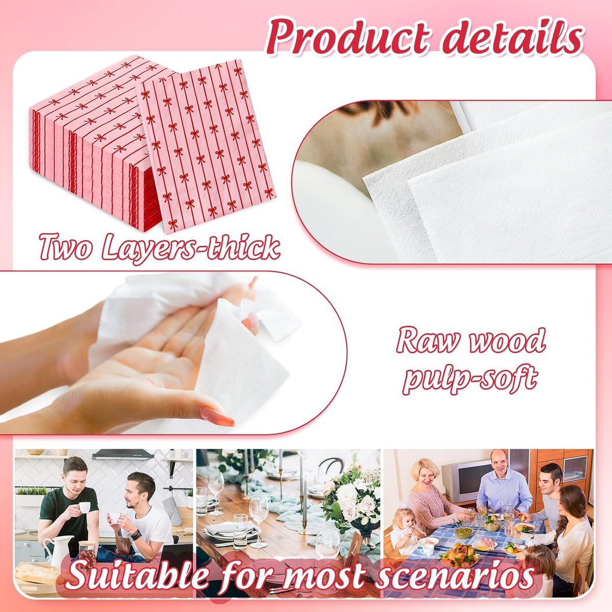 50 Pcs Bow Paper Napkins Mini Red Bow Knot Disposable Luncheon Napkins Pink Decorative Dinner Hand Napkin for Wedding Birthday Bridal Shower