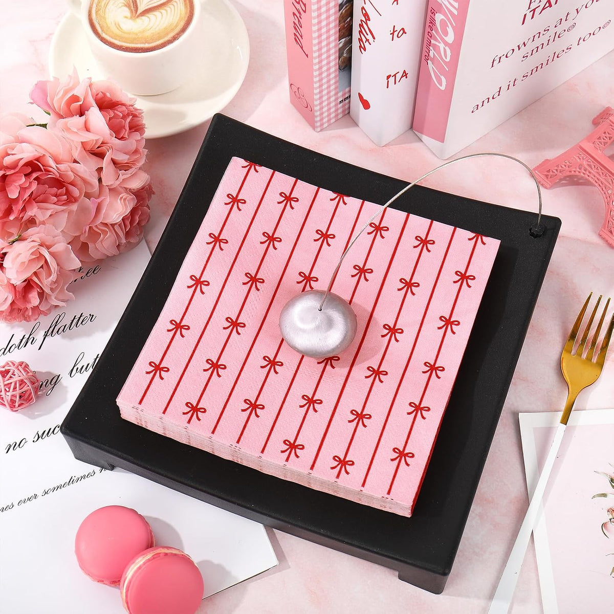 50 Pcs Bow Paper Napkins Mini Red Bow Knot Disposable Luncheon Napkins Pink Decorative Dinner Hand Napkin for Wedding Birthday Bridal Shower