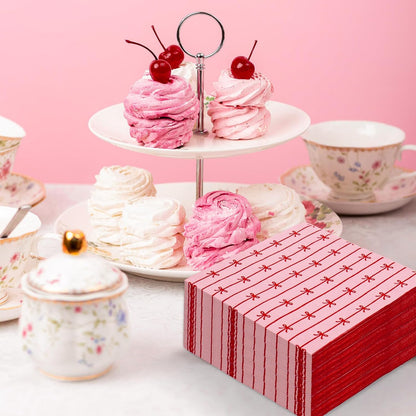 50 Pcs Bow Paper Napkins Mini Red Bow Knot Disposable Luncheon Napkins Pink Decorative Dinner Hand Napkin for Wedding Birthday Bridal Shower