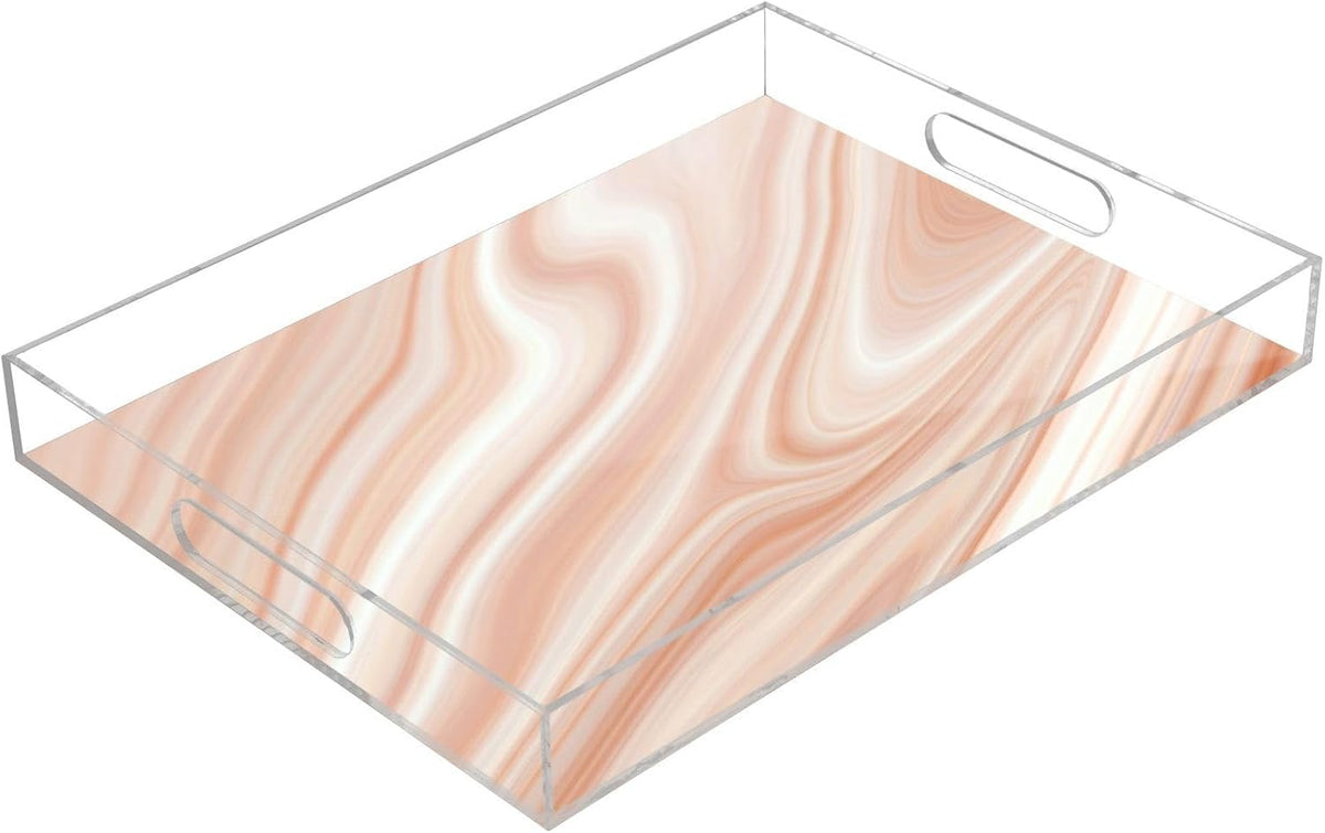 Pink Tones Marble Serving Tray, Clear Acrylic Decorative Tray - Sturdy Huge Capacity Serving Platters for Kitchen Countertop, Vanity Table 12"x16"