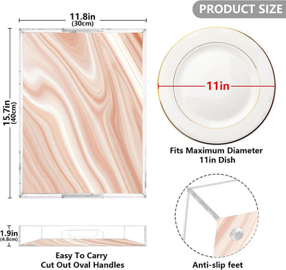Pink Tones Marble Serving Tray, Clear Acrylic Decorative Tray - Sturdy Huge Capacity Serving Platters for Kitchen Countertop, Vanity Table 12"x16"