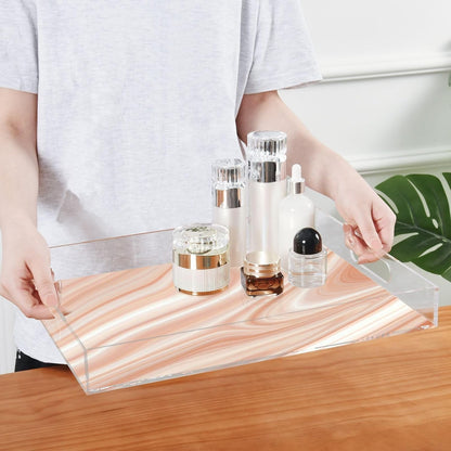 Pink Tones Marble Serving Tray, Clear Acrylic Decorative Tray - Sturdy Huge Capacity Serving Platters for Kitchen Countertop, Vanity Table 12"x16"
