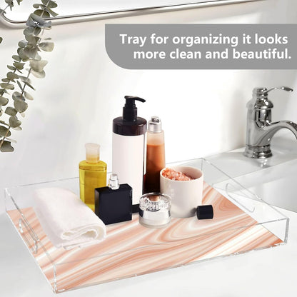 Pink Tones Marble Serving Tray, Clear Acrylic Decorative Tray - Sturdy Huge Capacity Serving Platters for Kitchen Countertop, Vanity Table 12"x16"