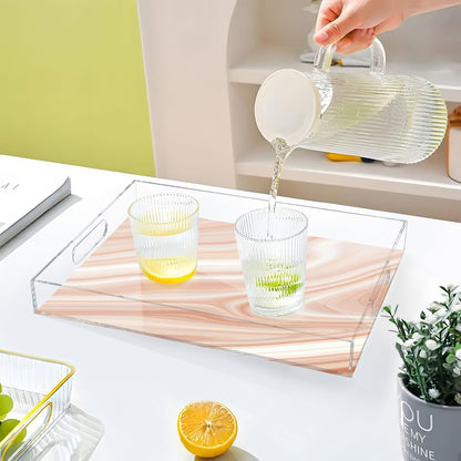 Pink Tones Marble Serving Tray, Clear Acrylic Decorative Tray - Sturdy Huge Capacity Serving Platters for Kitchen Countertop, Vanity Table 12"x16"