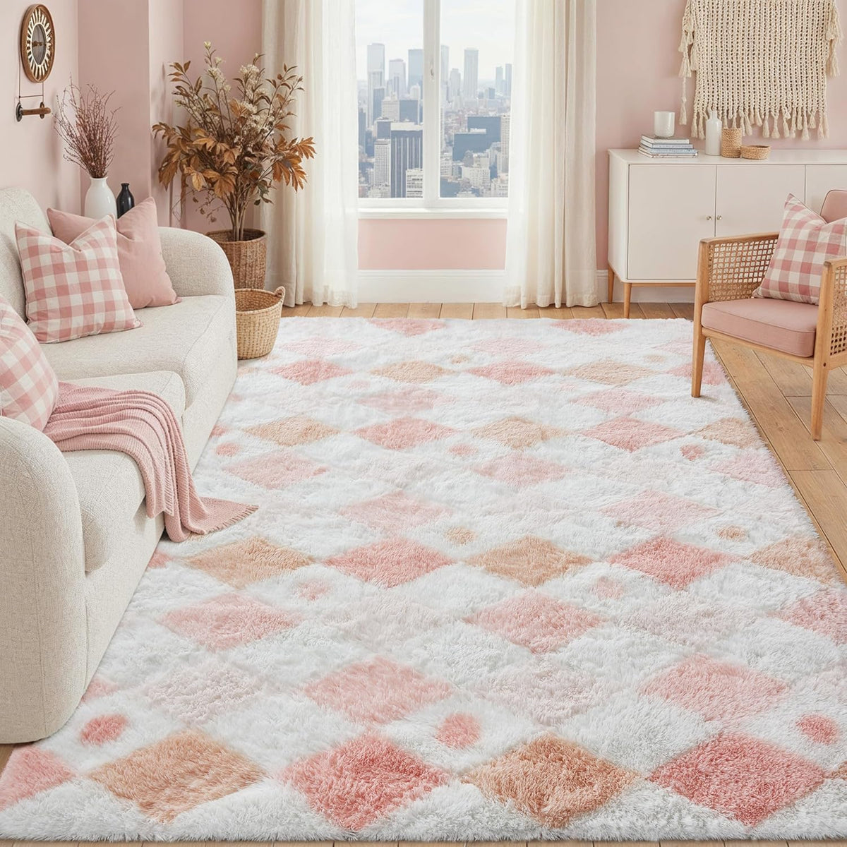 Pink 5x7 Area Rug for Kids Room Soft Checkered Shag Carpet