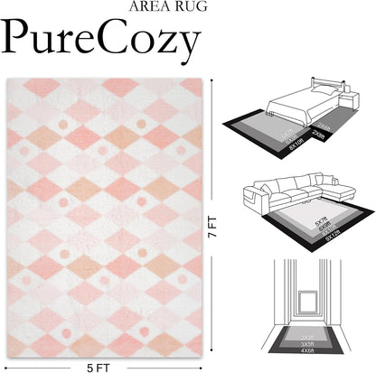 Pink 5x7 Area Rug for Kids Room Soft Checkered Shag Carpet