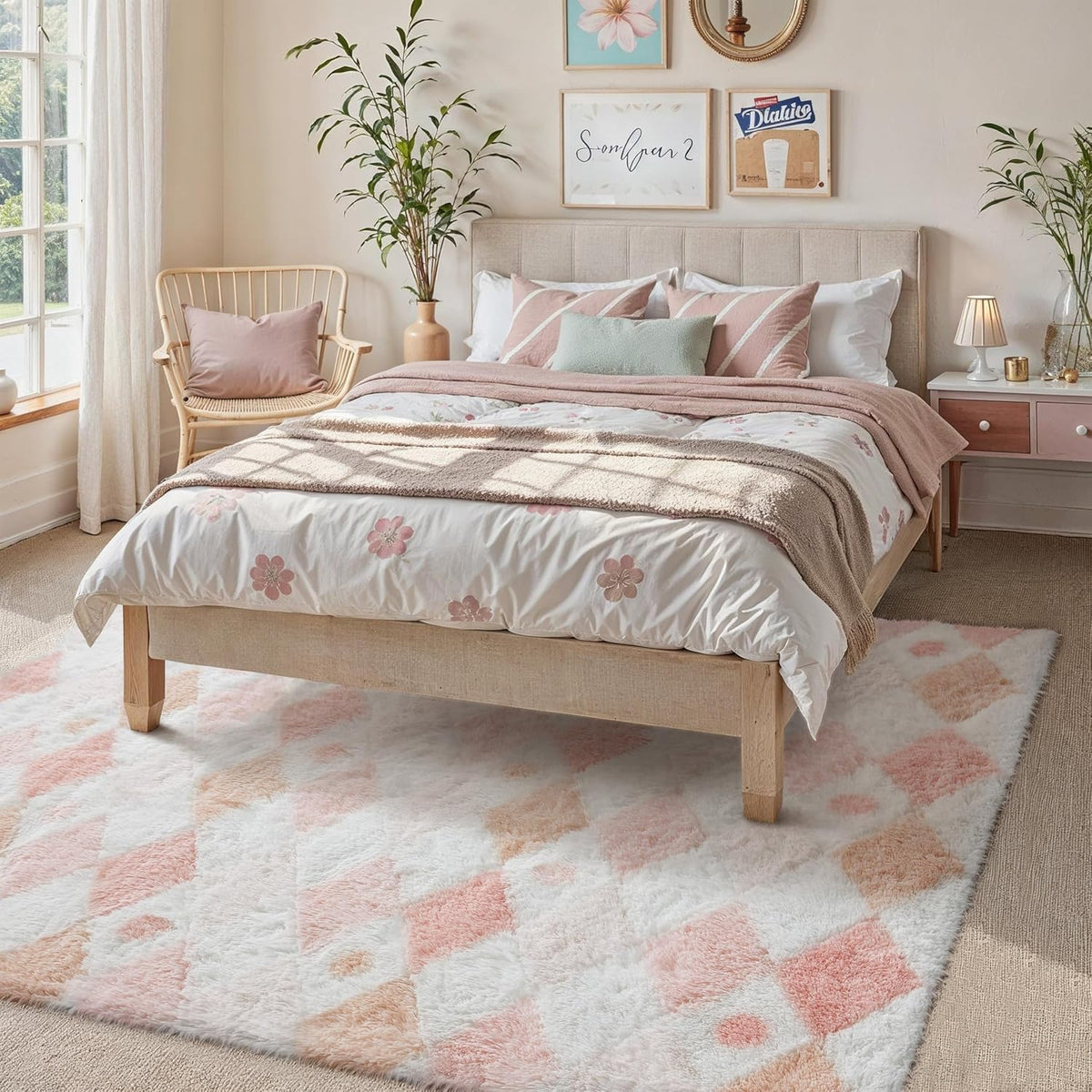 Pink 5x7 Area Rug for Kids Room Soft Checkered Shag Carpet