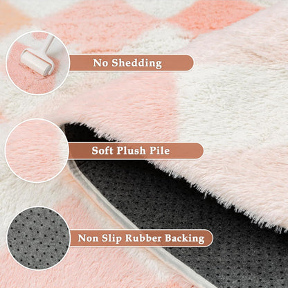 Pink 5x7 Area Rug for Kids Room Soft Checkered Shag Carpet