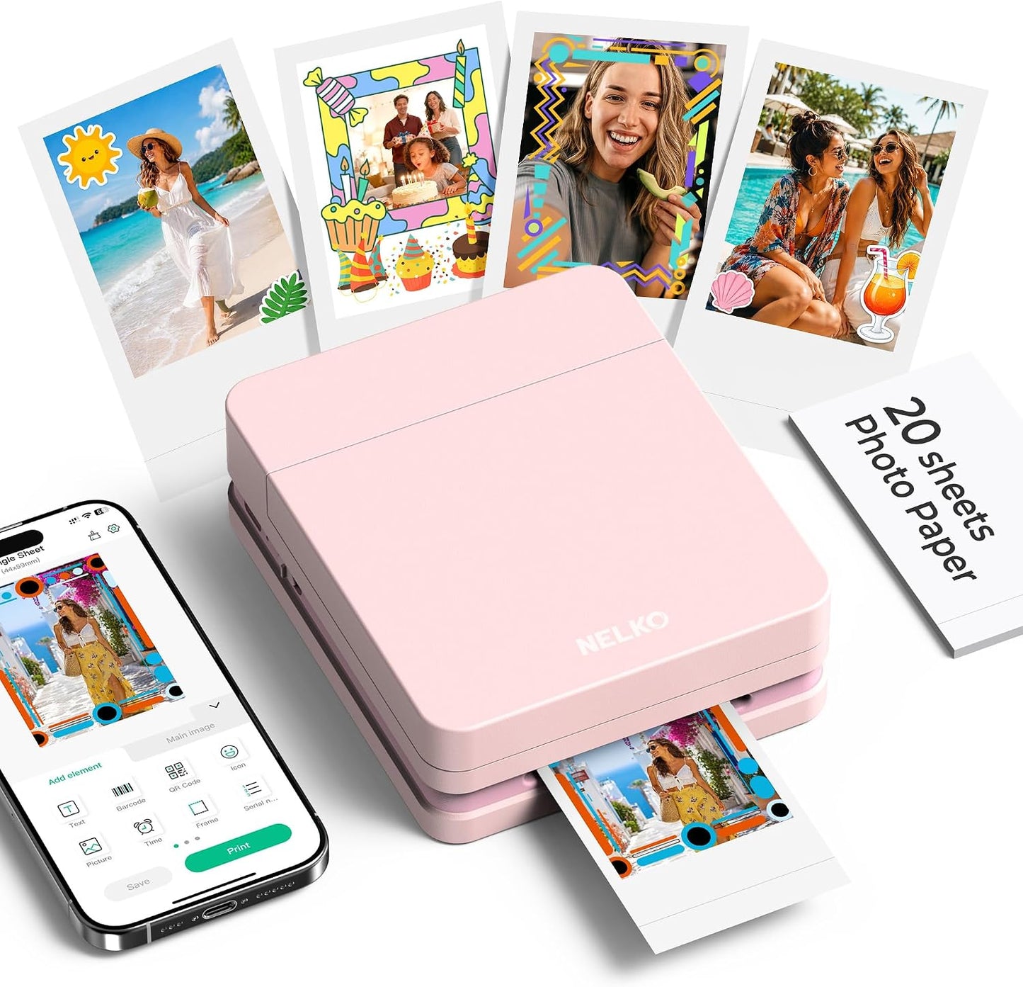 PP01 Photo Printer, 2x3 Portable Photo Printer, Mini Printer, Pink | Instant Color Inkjet Printer for Smartphone, Sticky-Back Photos, Bluetooth Compatible with iOS & Android, AI App Editing