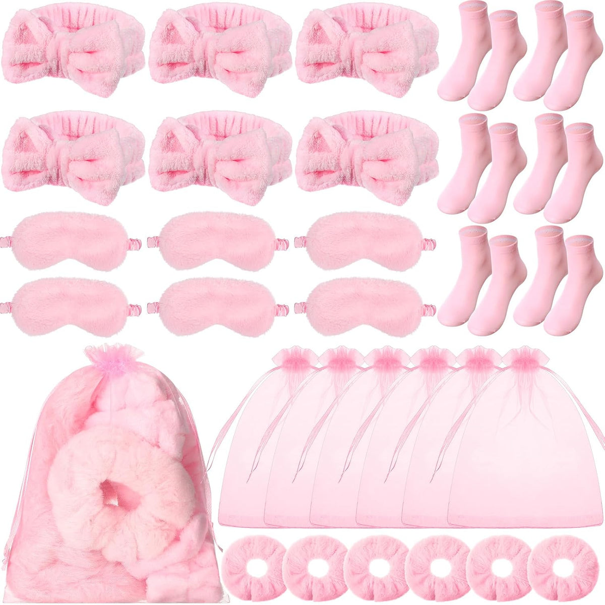 30 Pcs Spa Party Favors Sleepover Party Supplies Include 6 Bow Headbands 6 Eye Masks 6 Socks 6 Scrunchies 6 Organza Bags for Women Wedding Graduation Coquette Slumber Gift(Pink)