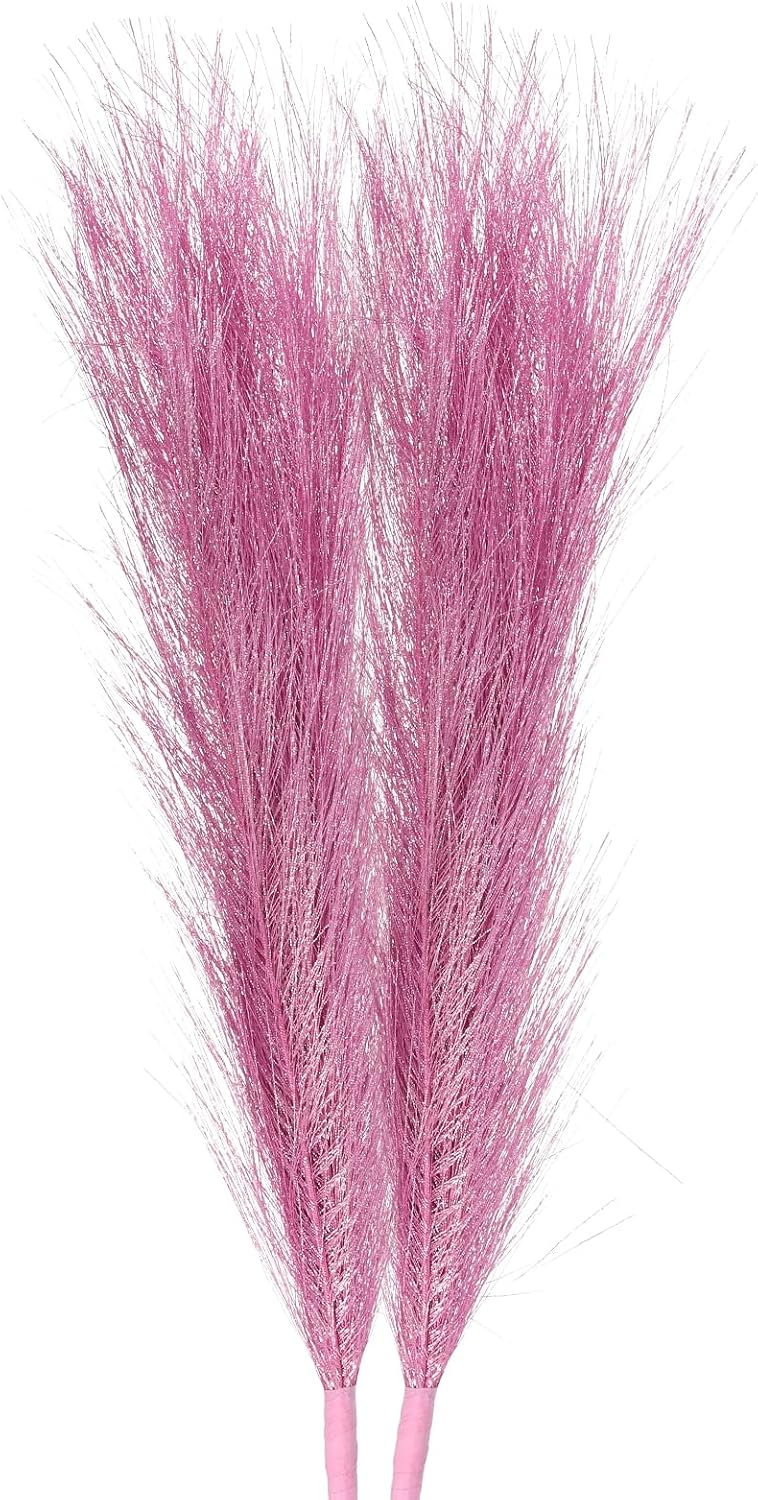 2Pcs Faux Pampas Grass Small 45cm/17.7" Fake Fluffy Pampas Grass 7 Branches Artificial Vase Filler for Home Office Vase Wedding Decoration Pink