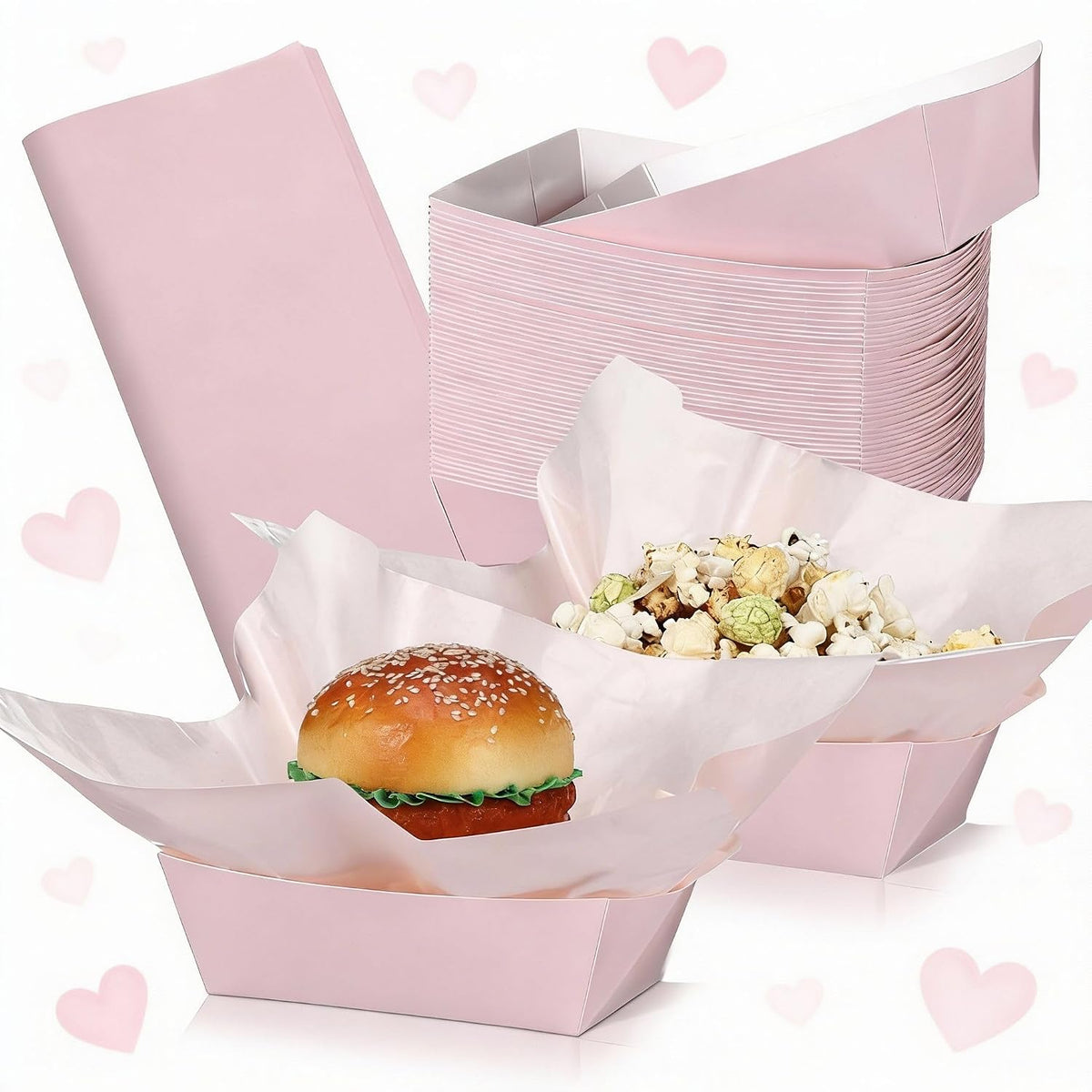 100 Pcs Gingham Paper Food Tray with Wax Paper,Light Pink