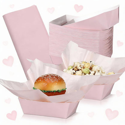 100 Pcs Gingham Paper Food Tray with Wax Paper,Light Pink