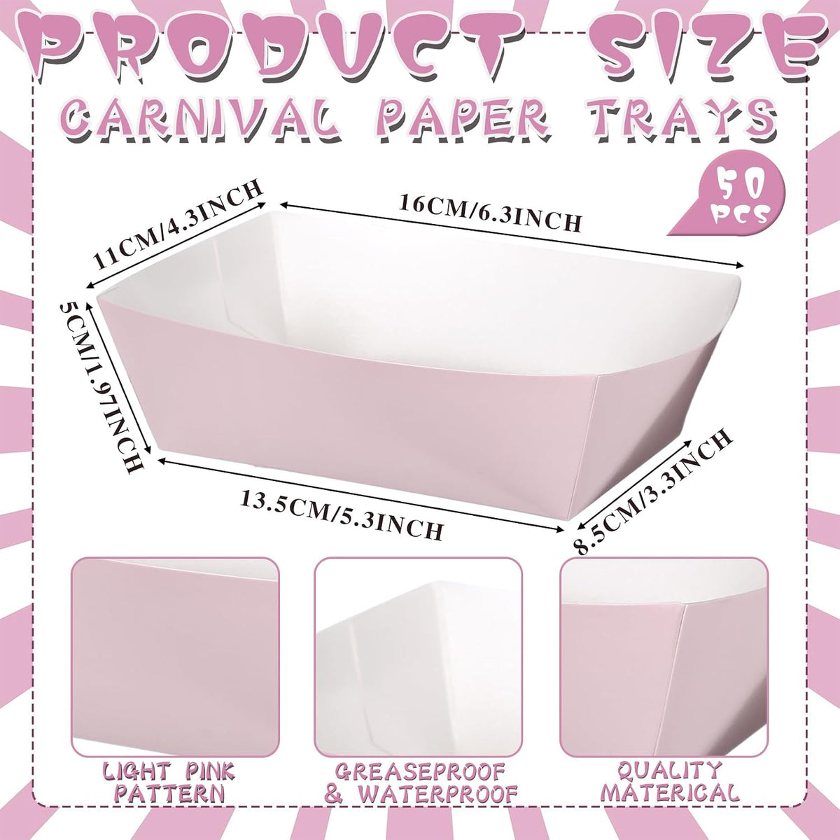 100 Pcs Gingham Paper Food Tray with Wax Paper,Light Pink