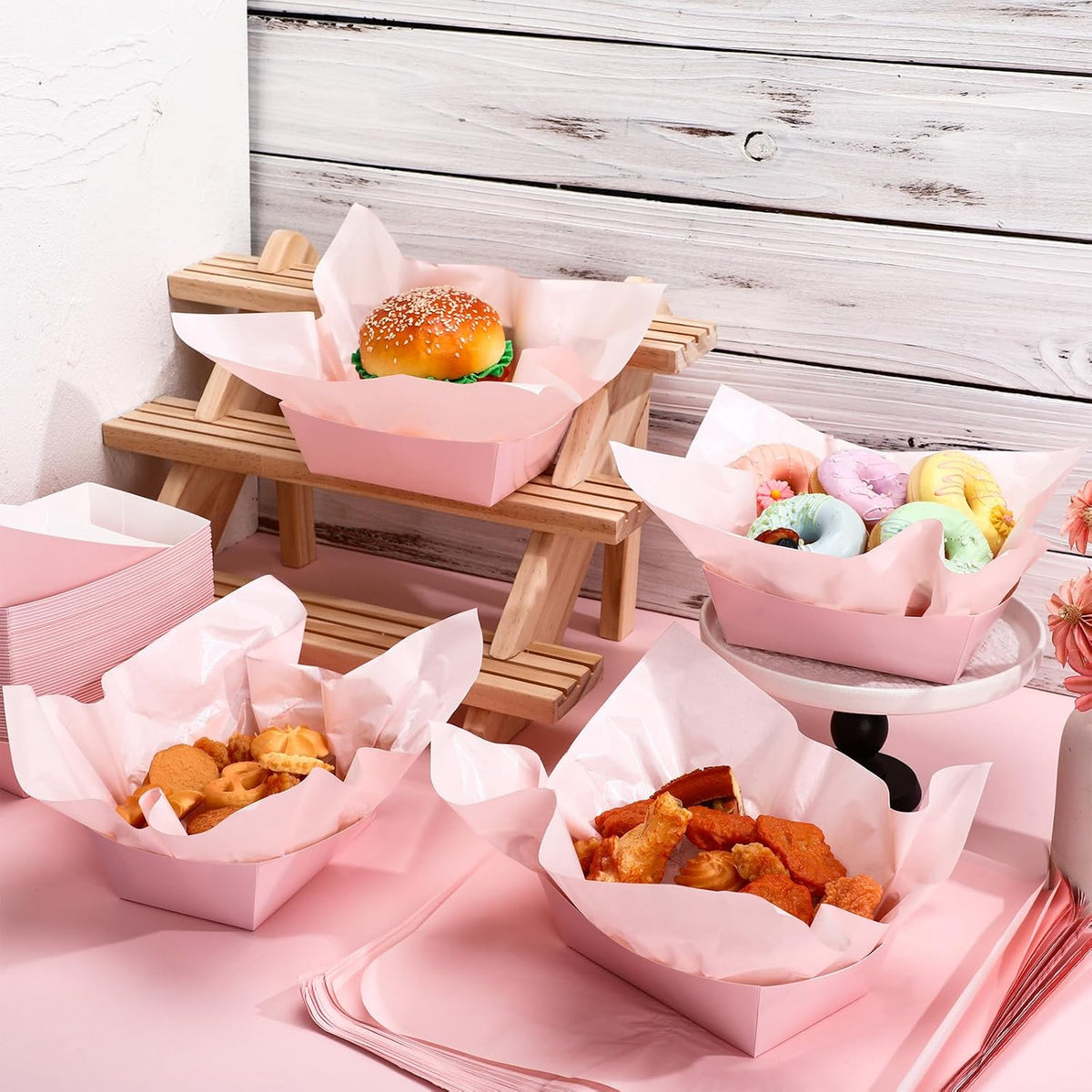 100 Pcs Gingham Paper Food Tray with Wax Paper,Light Pink