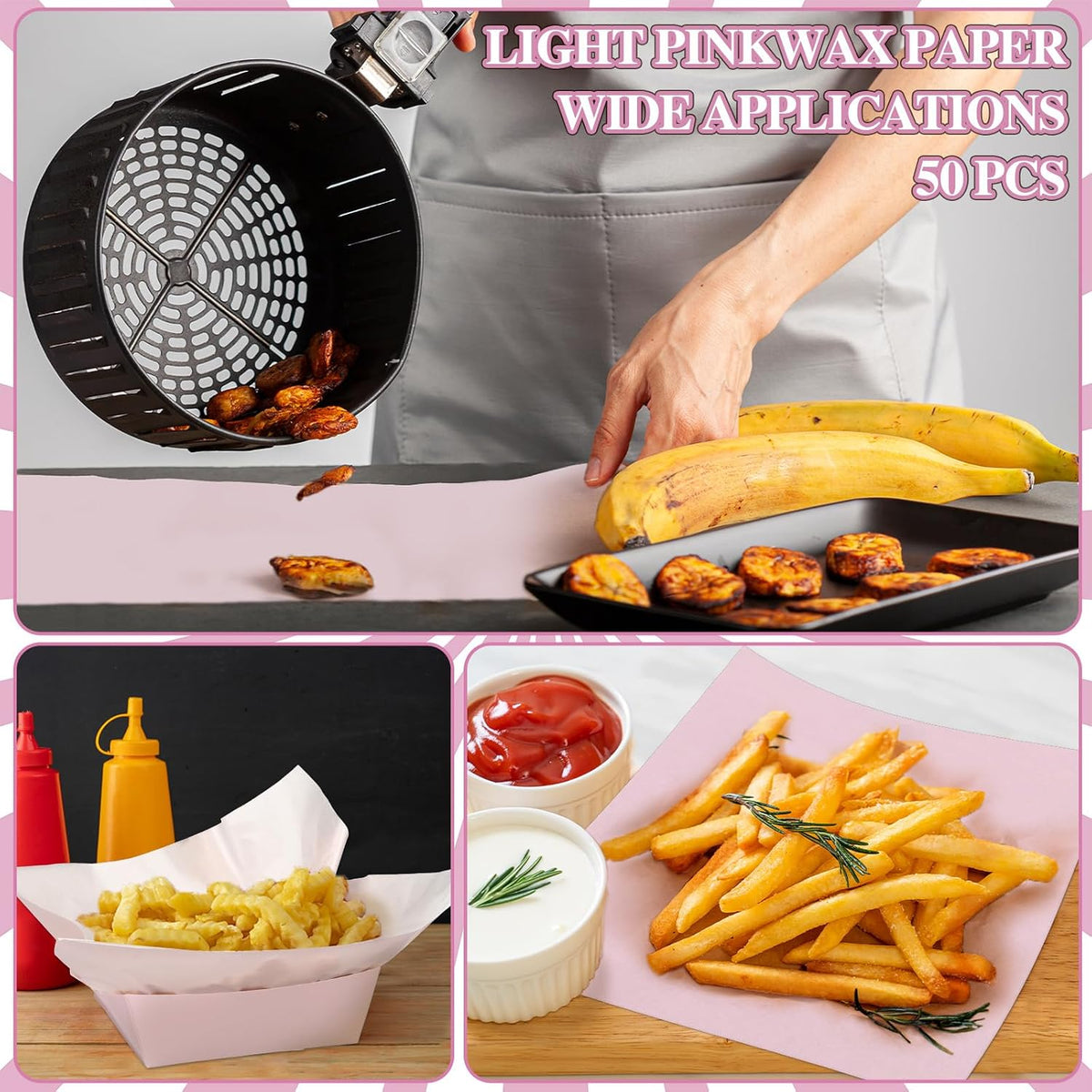 100 Pcs Gingham Paper Food Tray with Wax Paper,Light Pink