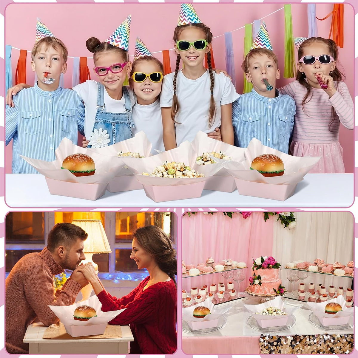 100 Pcs Gingham Paper Food Tray with Wax Paper,Light Pink