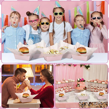 100 Pcs Gingham Paper Food Tray with Wax Paper,Light Pink