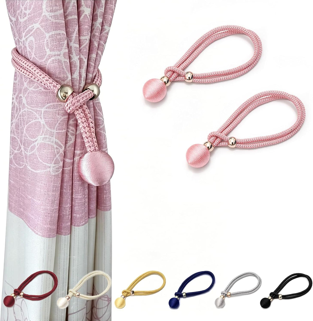 2pcs Fabric Curtain Tiebacks, Windows Curtain Hold Back for Home Essential Bedroom Living Room, Circular Rope Holder, Pink