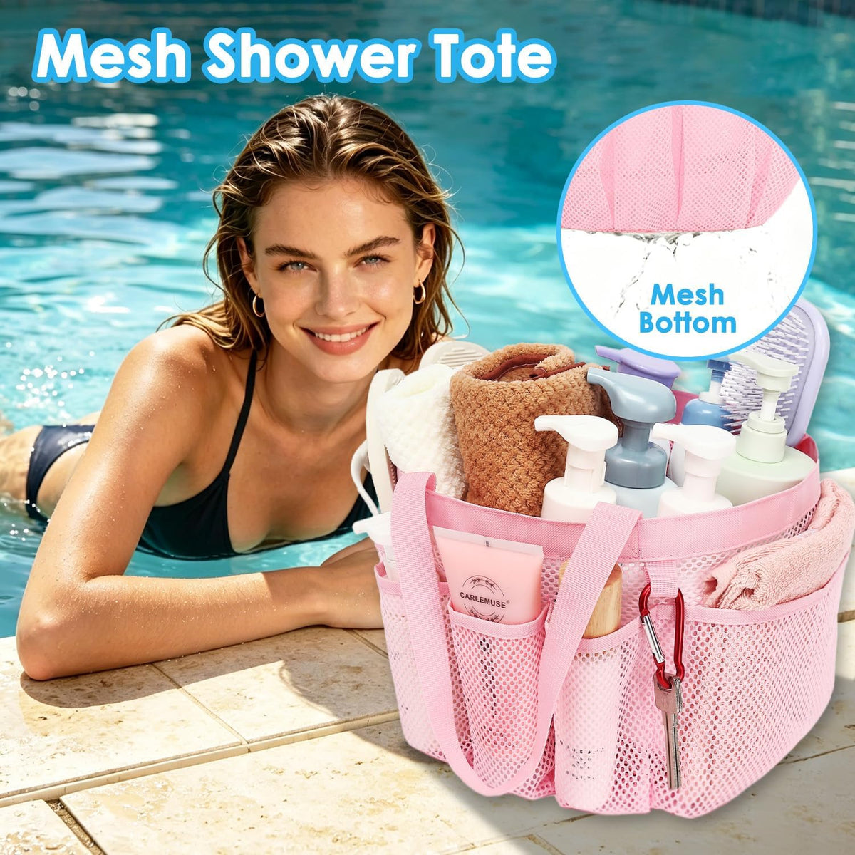 Mesh Shower Caddy Portable for College Dorm Room Essentials, Odorless Polyester Large Shower Tote Bag with Dual Handles, 8-Pocket Quick-Dry Toiletry Organizer for Travel, Beach, Camping, Gym