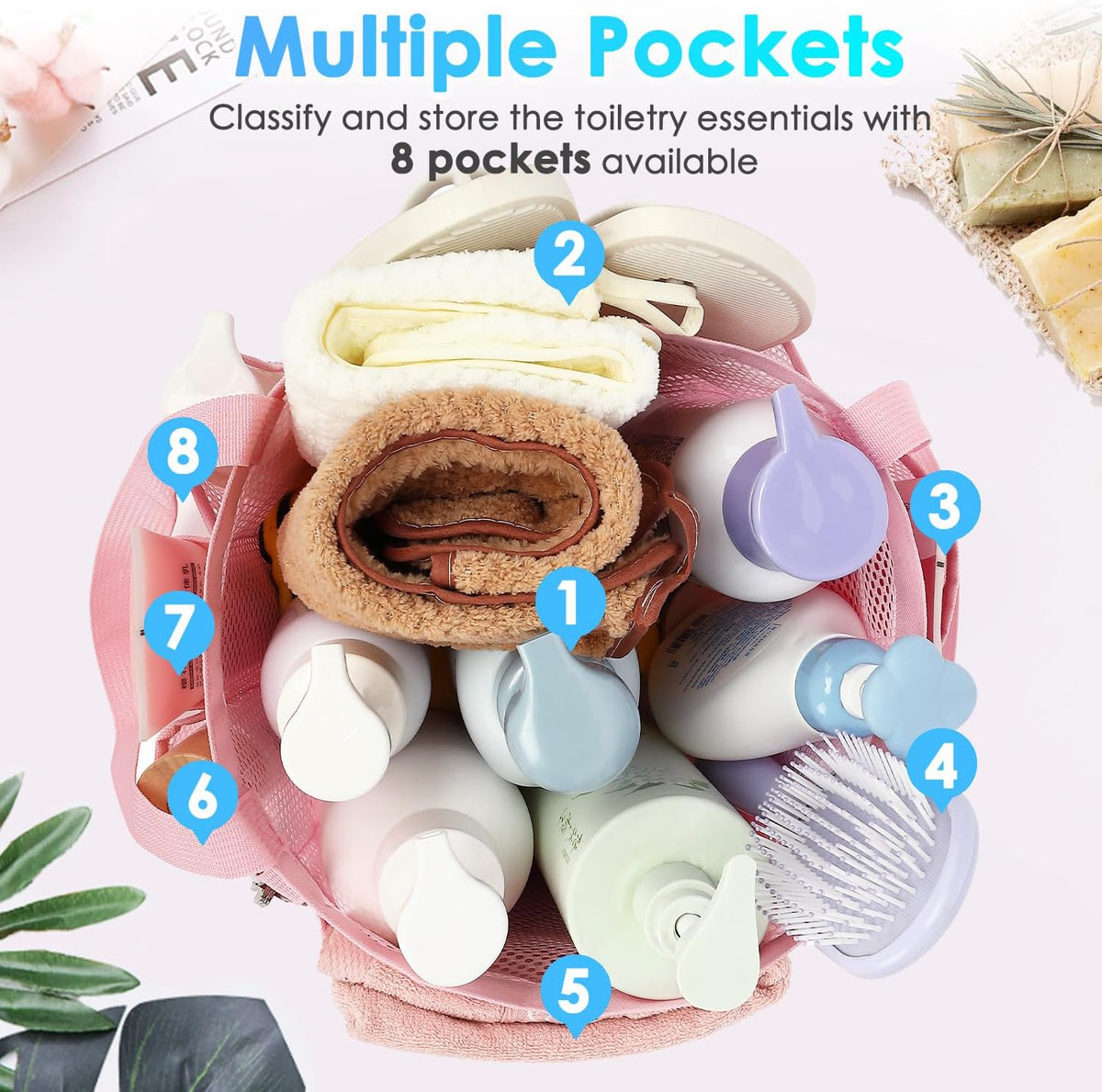 Mesh Shower Caddy Portable for College Dorm Room Essentials, Odorless Polyester Large Shower Tote Bag with Dual Handles, 8-Pocket Quick-Dry Toiletry Organizer for Travel, Beach, Camping, Gym