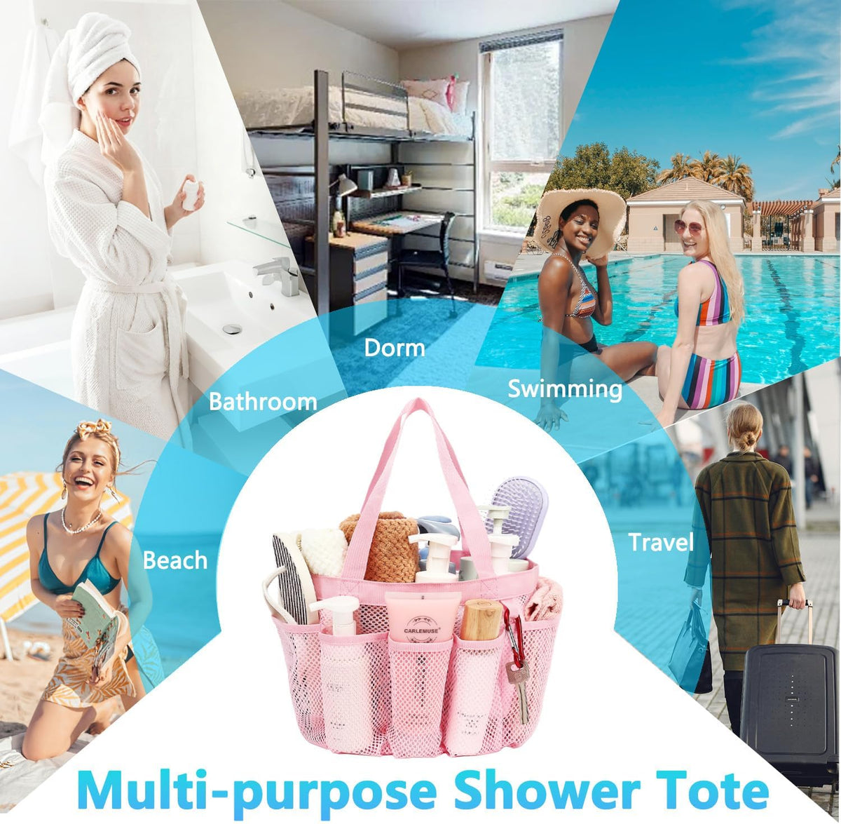 Mesh Shower Caddy Portable for College Dorm Room Essentials, Odorless Polyester Large Shower Tote Bag with Dual Handles, 8-Pocket Quick-Dry Toiletry Organizer for Travel, Beach, Camping, Gym
