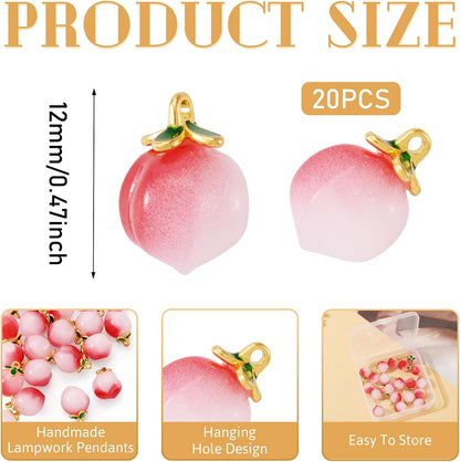 Beadthoven 20Pcs Pink Peach Charms 3D Handmade Fruit Lampwork Pendants Cute Fruit Peach Charm Glass Crystal Food Charms with Jump Ring for Jewelry Making DIY Crafts 12mm