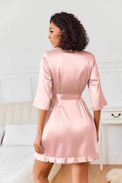 Women's Satin Robes Short Silk Kimono Bath Robe with Pockets