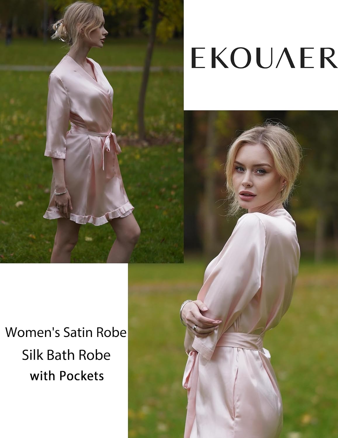 Women's Satin Robes Short Silk Kimono Bath Robe with Pockets