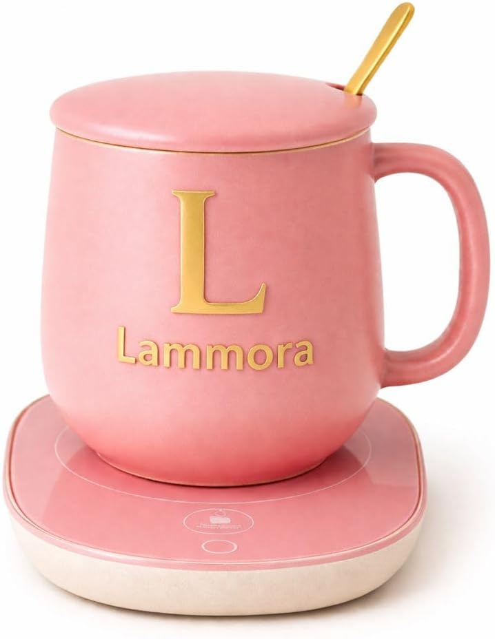Self Heating Mug Set, 13oz Pink Coffee Mug Warmer for Desk with Ceramic Cup, Lid, Spoon & Gift Box, Electric Coffee Cup Warmer with Constant Temperature for Home Office, Gift for Coffee Lovers