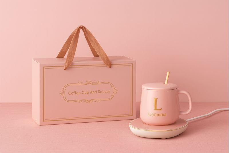 Self Heating Mug Set, 13oz Pink Coffee Mug Warmer for Desk with Ceramic Cup, Lid, Spoon & Gift Box, Electric Coffee Cup Warmer with Constant Temperature for Home Office, Gift for Coffee Lovers