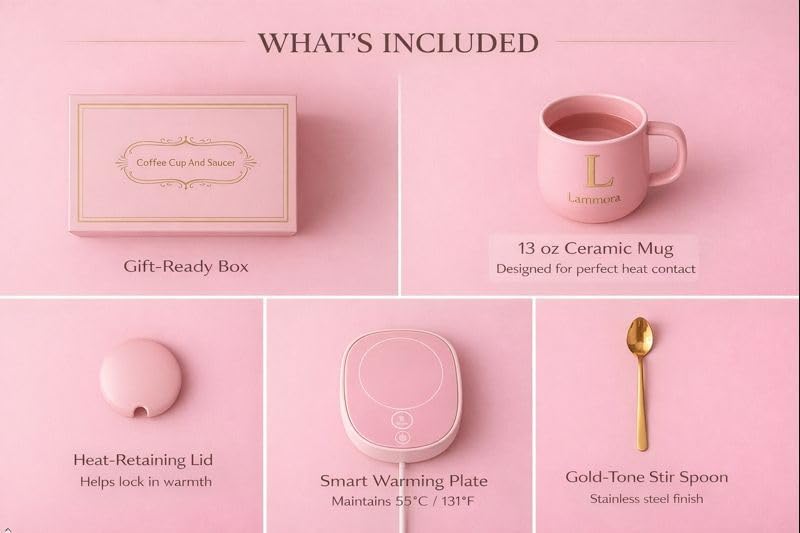 Self Heating Mug Set, 13oz Pink Coffee Mug Warmer for Desk with Ceramic Cup, Lid, Spoon & Gift Box, Electric Coffee Cup Warmer with Constant Temperature for Home Office, Gift for Coffee Lovers