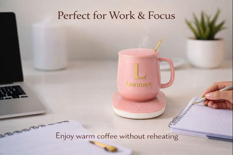 Self Heating Mug Set, 13oz Pink Coffee Mug Warmer for Desk with Ceramic Cup, Lid, Spoon & Gift Box, Electric Coffee Cup Warmer with Constant Temperature for Home Office, Gift for Coffee Lovers