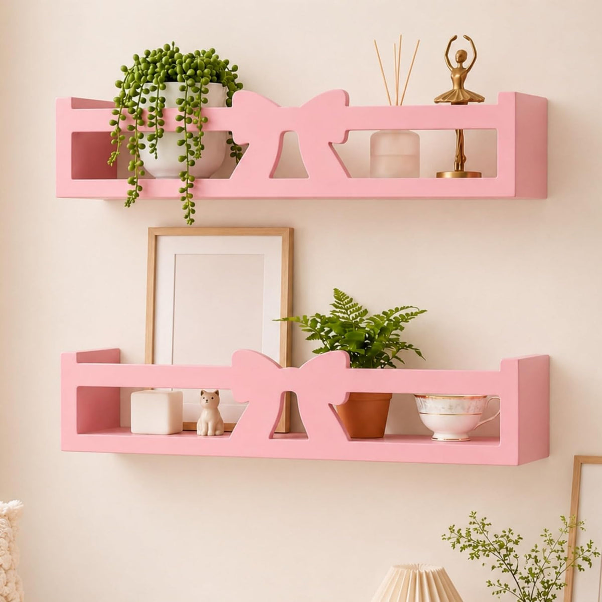 2 Pcs Pink Bow Floating Wall Shelves Sweet Wooden Organizer Rack Adorable Ins Home Decor for Bedroom Bathroom Living Room Cafe Women, 16.5 x 3.9 x 3.5 Inches