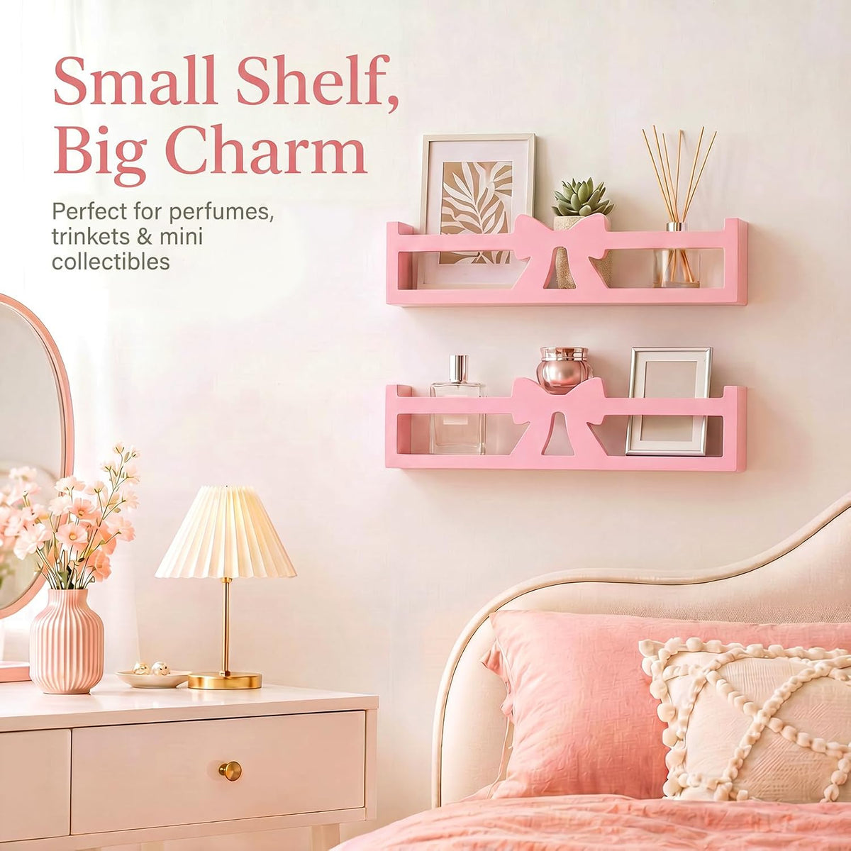 2 Pcs Pink Bow Floating Wall Shelves Sweet Wooden Organizer Rack Adorable Ins Home Decor for Bedroom Bathroom Living Room Cafe Women, 16.5 x 3.9 x 3.5 Inches