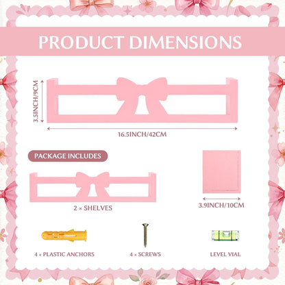 2 Pcs Pink Bow Floating Wall Shelves Sweet Wooden Organizer Rack Adorable Ins Home Decor for Bedroom Bathroom Living Room Cafe Women, 16.5 x 3.9 x 3.5 Inches