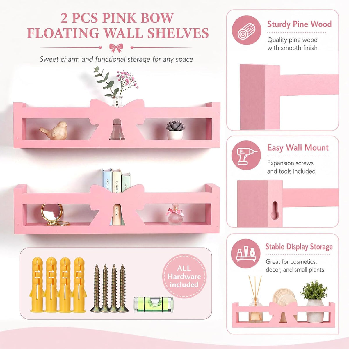 2 Pcs Pink Bow Floating Wall Shelves Sweet Wooden Organizer Rack Adorable Ins Home Decor for Bedroom Bathroom Living Room Cafe Women, 16.5 x 3.9 x 3.5 Inches