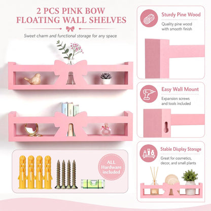 2 Pcs Pink Bow Floating Wall Shelves Sweet Wooden Organizer Rack Adorable Ins Home Decor for Bedroom Bathroom Living Room Cafe Women, 16.5 x 3.9 x 3.5 Inches