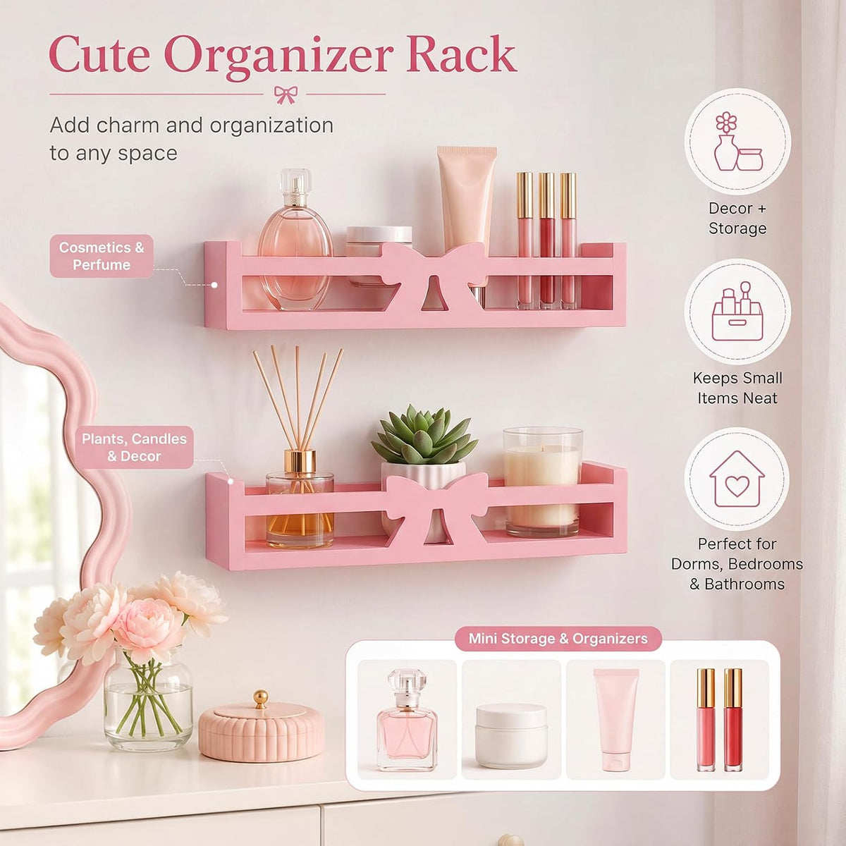 2 Pcs Pink Bow Floating Wall Shelves Sweet Wooden Organizer Rack Adorable Ins Home Decor for Bedroom Bathroom Living Room Cafe Women, 16.5 x 3.9 x 3.5 Inches