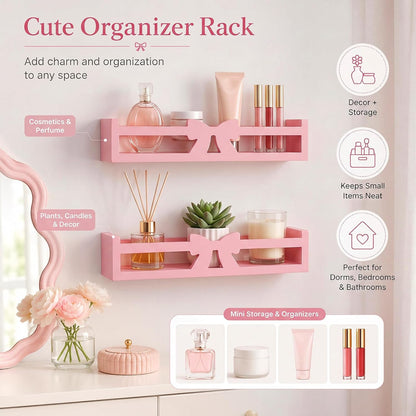 2 Pcs Pink Bow Floating Wall Shelves Sweet Wooden Organizer Rack Adorable Ins Home Decor for Bedroom Bathroom Living Room Cafe Women, 16.5 x 3.9 x 3.5 Inches