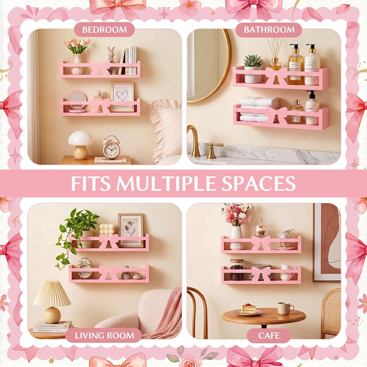 2 Pcs Pink Bow Floating Wall Shelves Sweet Wooden Organizer Rack Adorable Ins Home Decor for Bedroom Bathroom Living Room Cafe Women, 16.5 x 3.9 x 3.5 Inches