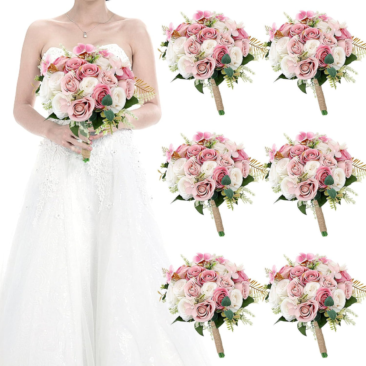 Set of 6 Bridesmaid Bouquets for Wedding - 7 Inch Artificial Ivory Flower Bouquet for Party Ceremony Anniversary Dinning Table Centerpieces Decor - Dusty Pink & White