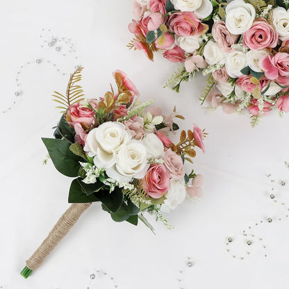 Set of 6 Bridesmaid Bouquets for Wedding - 7 Inch Artificial Ivory Flower Bouquet for Party Ceremony Anniversary Dinning Table Centerpieces Decor - Dusty Pink & White