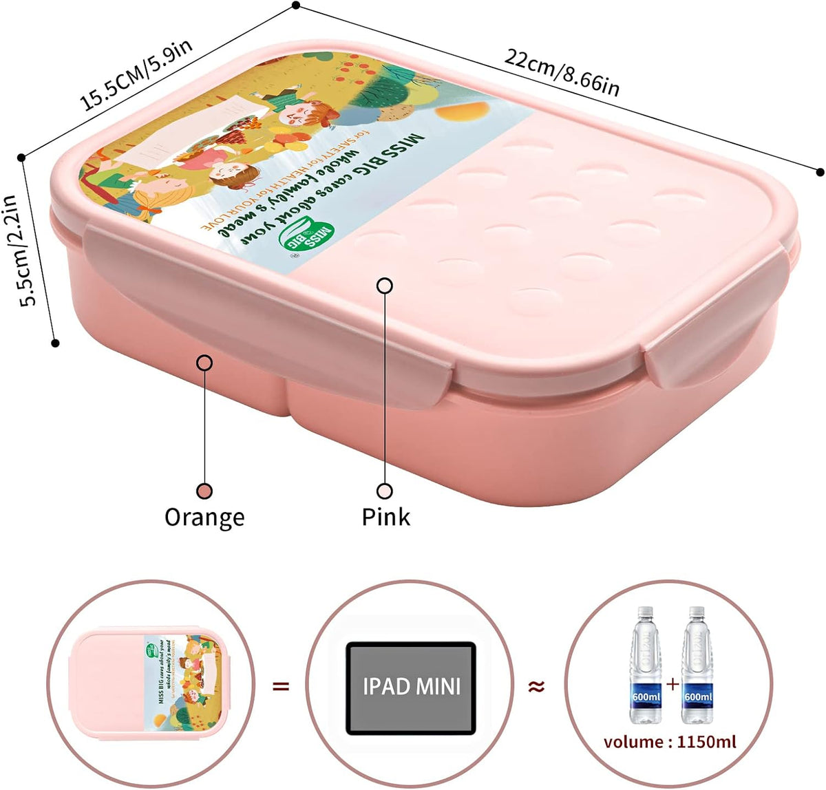® Bento Lunch Box for Kids, 1150ml, 3 Compartments, Pink